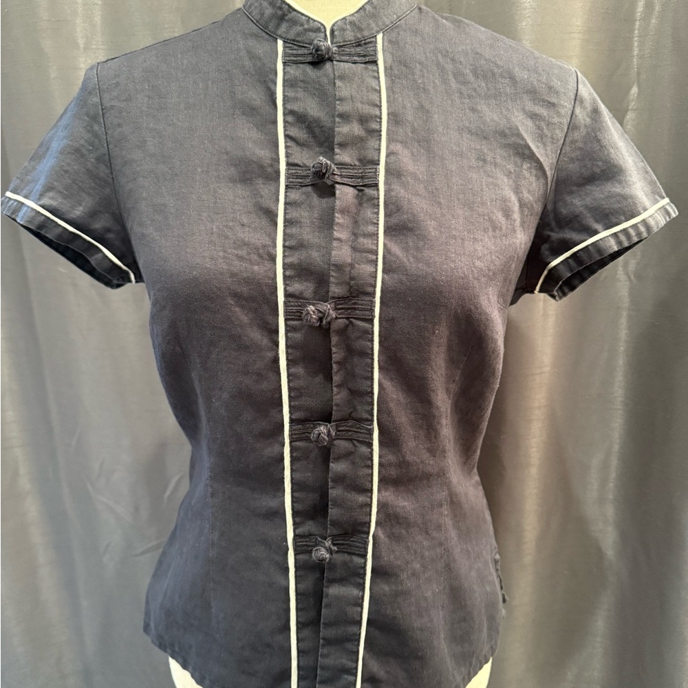 Lucky Brand Asian Inspired Black Linen Top with White Trim
